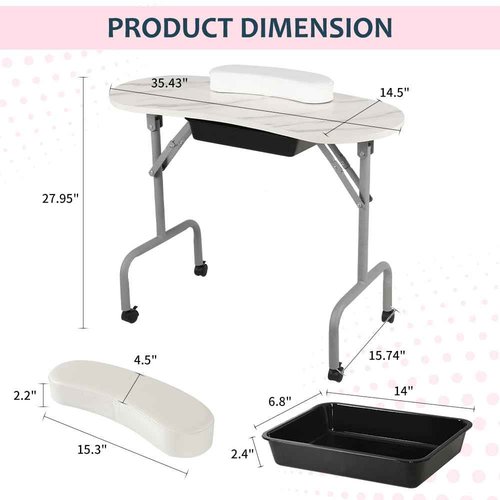 AGESISI Portable Manicure Table Foldable Nail Desk with Large Drawer Nail Tech Table for Technician Salon Workstation Client Wrist Cushion/Carry Bag/4 Lockable Wheels, 36-inch, White Marble
