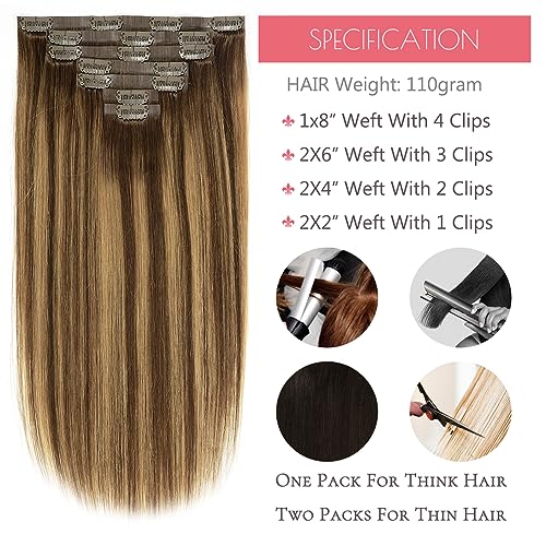 Loxxy Seamless Extensions Clip in Human Hair 20inch 110G 7Pcs Chocolate Brown to Caramel Blonde With Brown Roots Thick Blonde Natural Remy Real Hair Extensions Clip in Human Hair Invisible Tape Weft
