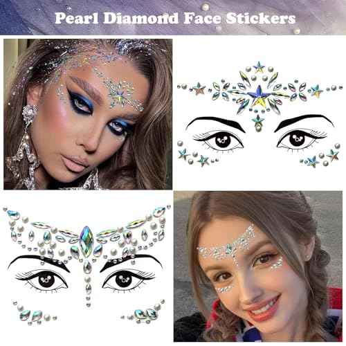 Face Gems 6 Sets Mermaid Face Jewels Festival Pearl Rhinestones Acrylic Crystal Stickers Self Adhesive Face Decoration Jewels for Parties,Carnival,Halloween, Christmas