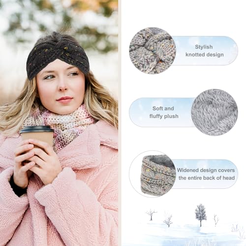 CAVETEE Headbands, 2 Pieces Winter Hairbands for Women - Soft Wool Ear Muffs for Winter, Crochet Ear Protector Bandana Lined with Plush Fleece, Elastic for Women Girls
