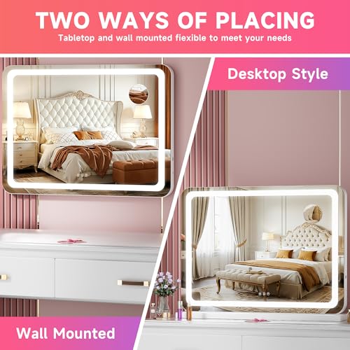 Vanity Mirror with Lights, 23" x 18" LED Makeup Mirror with 10X Magnification, Dimmable 3 Modes, Memory Function, Smart Touch, USB Charging Port, Lighted Makeup Mirror Round White