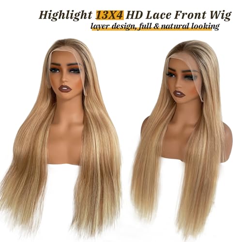Smavida Highlight Blonde Lace Front Wigs Human Hair Ombre 13x4 Transparent Honey Blonde Glueless Lace Frontal Wig 100% Brazilian Remy Human Hair for White Women 16" (Can Be Curled)