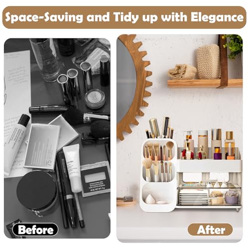 Makeup Organizer Countertop, Vanity Organizer with Brush Holder, Cosmetic Display Case with Drawers, Skincare Organizer for Dresser, Bathroom, Makeup Storage Holder for Women Christmas gifts