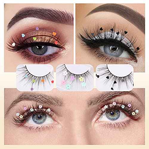 3 Pairs False Eyelashes, Festival Styles Dramatic Glitter Sequin Lashes with Cute Colorful Black Heart/Colorful Flower Lashes for Decorative Christmas New Year Halloweens Cosplay Party