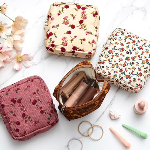 Abbylike 4 Pcs Floral Makeup Bag Cosmetic Bag with Zipper Portable Small Pouches for Purse Toiletry Mini Pouch Cute Mini Makeup Purse for Coin Essentials Items Women (Retro)