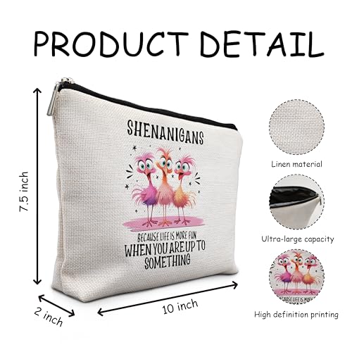 Funny Pink Flamingo Makeup Bag, Flamingo Gifts for Women, Pink Flamingo Gifts, Shenanigans Because Life is More Fun When You Up to Something Cosmetic Bags Toiletry Bag