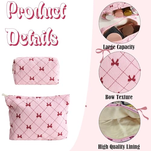 LYDZTION 2PCS Cute Corduroy Makeup Bag Set for Women, Small Travel Toiletry Bag, Coquette Cosmetic Pouch With Bow, Portable Versatile Zipper Pouch - Pink
