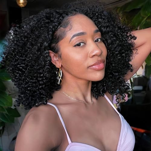 Kinky Curly Half Wig Human Hair 220% Density 3 In 1 True To length Flip Over Curly Edges Drawstring Half Wigs For Black Women Glueless Wear Go Afro Curly Headband Wigs For Beginner Friendly 16 Inch