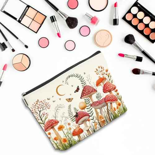 2 PCs Floral Mushroom Makeup Bag Mushroom Gifts Cosmetic Bag, Mushroom Stuff mushroom bag, Mushroom Gift for Women Girls Friends Coworkers Christmas birthday Gifts Botanical Zipper Pouch
