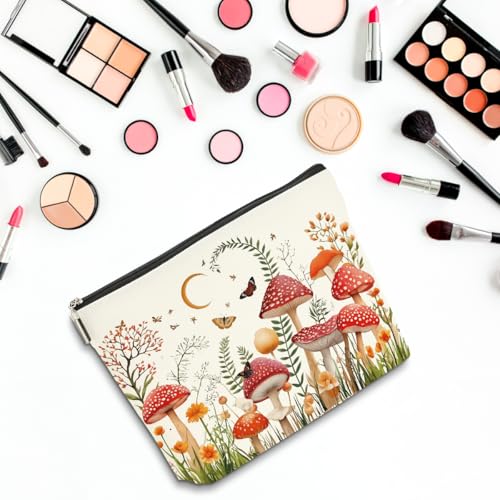 2 PCs Floral Mushroom Makeup Bag Mushroom Gifts Cosmetic Bag, Mushroom Stuff mushroom bag, Mushroom Gift for Women Girls Friends Coworkers Christmas birthday Gifts Botanical Zipper Pouch