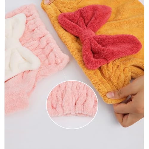 4Pcs Ultra Absorbent Hair Quick Drying Towel for Women Girls New Microfiber Hair Towel Wrap Dry Turban Soft Bow Tie Plopping Head Towels Shower Cap for Kids (Mixed Colors)