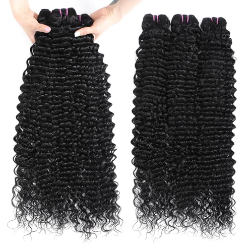 15A Raw Human Hair Bundles Deep Wave Bundles Human Hair,Triple Lifespan Indian Virgin Hair,No Tangle Shedding,Multiple Washes Keep Texture Silky Soft (3 Bundle Natural Black, 16 16 16)