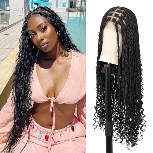 Brinbea Knotless Boho Braided Wigs 13x8'' HD Lace Front Braided Wigs for Women Box Braid Wig with Baby Hair Black Long Premium Synthetic Braided Lace Front Wigs 36 Inch
