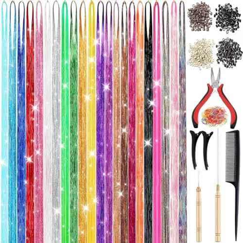 22 Colors 7700 Strands Hair Tinsel Kit, 48 Inch Glitter Tinsel Hair Extensions for July Fourth Christmas New Year Halloween Cosplay, Heat Resistant Fairy Hair Accessories for Girls, Kids, Women