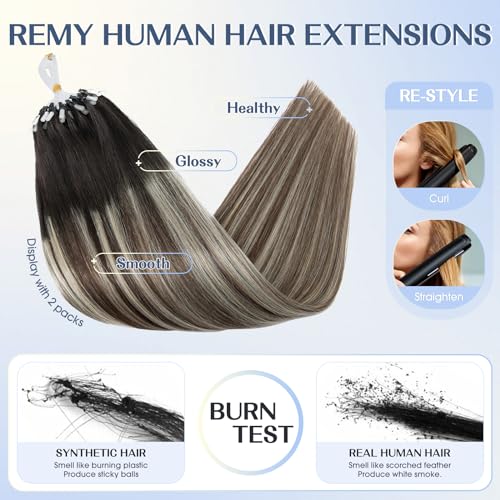 Hairro Microlink Human Hair Extensions Remy Highlight Pre Bonded Cold Fusion Keratin Glue T Tip Hairpieces For Women 22 Inch 50g 50 Strands #1BT4P60 Natural Black to Medium Brown&Platinum Blonde