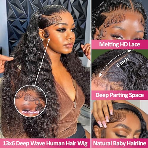Deep Wave 13x6 HD Lace Front Wigs Human Hair 200 Density Curly Wig Wet and Wavy Lace Front Wigs for Women Human Hair Wig Pre Plucked with Baby Hair Natural Color (22 Inch)
