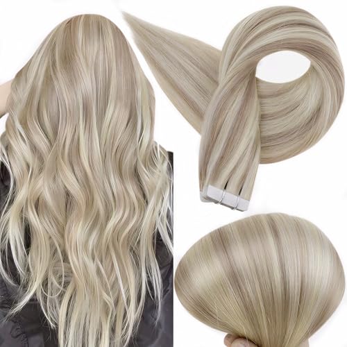 Full Shine Tape in Human Hair Extensions 24 Inch Real Human Hair Tape in Extensions 50 Gram Seamless Hair Extensions 20pcs Ash Blonde Highlights Bleach Blonde Skin Weft Double Side Brazilian Hair