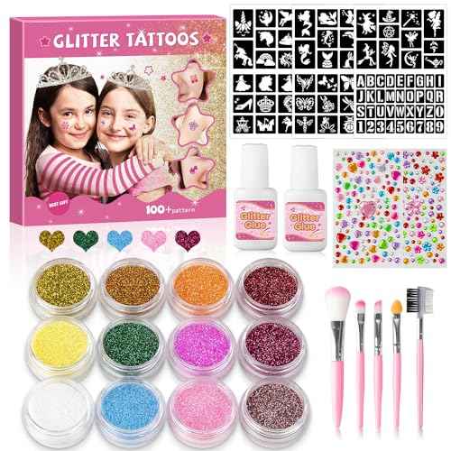 12 Color Temporary Glitter Tattoo Kit for Kid, with 92 Stencils, 2 diamond stickers, 2 Glues & 5 Brushes, Adults & Kids Arts Glitter Make Up Kit, Beautiful Holiday Gifts for Girls & Boys.