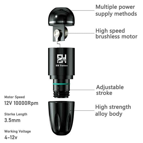 EH Tattoo Rotary Tattoo Pen Machine Cordless Short Tattoos Gun Only Quiet Low-vibration 3.5mm Stroke Adjustable for Pro Artists