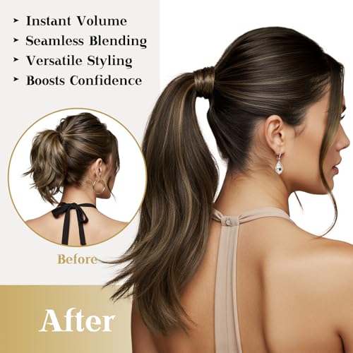 Ve Sunny Ponytail Extension Real Human Hair for Women Clip in Ponytail Hair Extension Straight Hair Pieces Wrap Around Dark Brown Mix Medium Brown Highlights Brown Balayage 16inch 80G