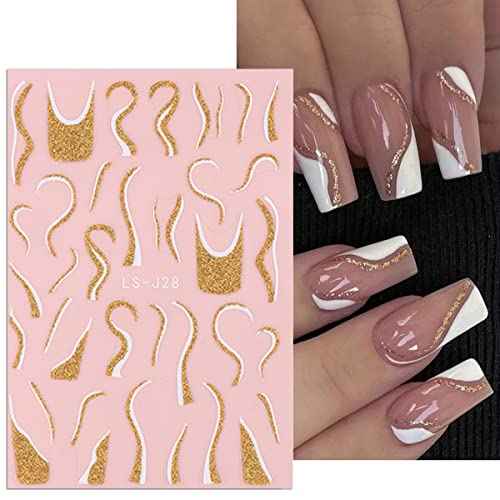 6 Sheets 3D Snowflakes Nail Art Stickers Self-Adhesive Nail Art Supplies Christmas Nail Stickers White Gold Design Shiny Frosted French Stripe Elk Xmas Tree Winter Nail Decals for Women DIY Nail Decor