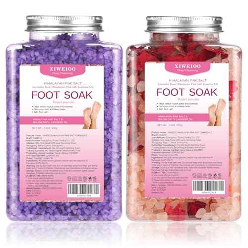 Foot Soak Kit -46 oz, Pack of 2 Natural Epsom Salt Rose, and Lavender- Essential Oils Foot Athletes Foot spa Itching,Foot Bath Salt Tea Tree Oil Foot Soak Foot Care Pedicure Feet spa Message