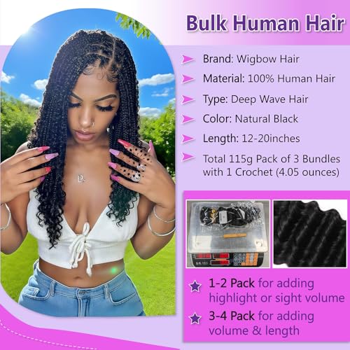 Human Braiding Hair for Boho Braids 110g Deep Wave Bulk 100% Human Hair for Braiding Knotless Brazilian Virgin Crochet Hair Extensions Bulk Bohemian Micro Braiding 3 Bundles Natural Color 20 Inch
