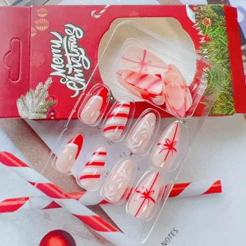 SINSEN Christmas Press on Nails Medium - Almond Fake Nails, Red French Tip False Nails With Designs, Full Cover Snowflake Glue on Nails for Women, 24Pcs (Santa Hat and Bowknot)