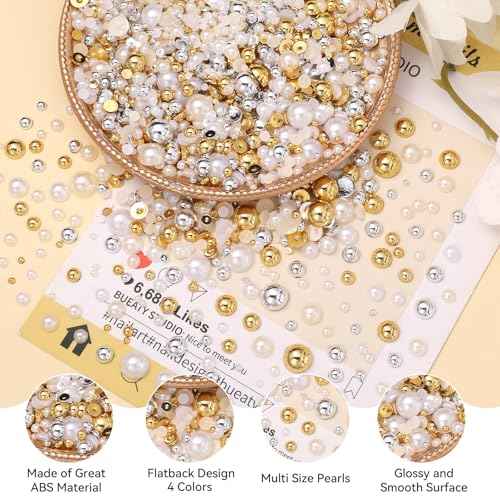20000Pcs Gold Silver Flatback Nail Pearls for Crafts, Mixed Size 2-8mm Half Round Nails Beads Pearl for Nail Art, White Beige Pearl Gems for Crafts DIY Clothes Mugs Shoes with Pickup Tools