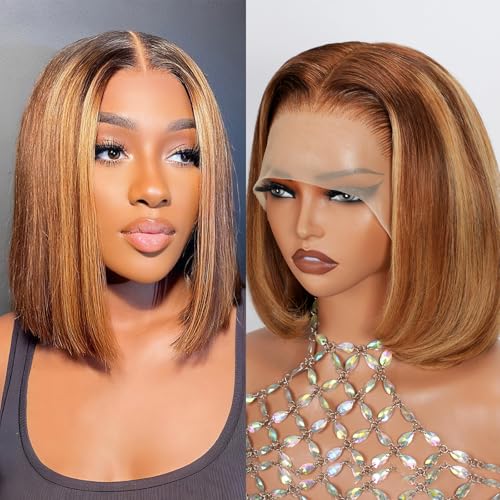 210% Density 13x6 Highlight Ombre Full Lace Frontal Bob Wig Human Hair 12A Brazilian Virgin Human Hair Pre Plucked 4/27 Honey Blonde HD Transparent Lace Glueless Wigs Human Hair 12 Inch
