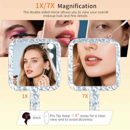 Famihomii Handheld Mirror with 1X/7X Magnification, Dual-Sided Magnification Hand Mirror, Hand Mirror with Handle, 5.1" x 6.1", Lightweight & Durable, Portable & Hangable for Makeup, Shaving - Clear