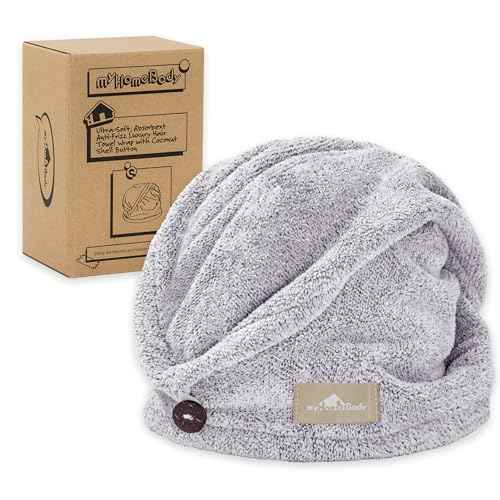 myHomeBody Hair Towel Wrap, Luxury Quick Drying Turban, Ultra Soft Absorbent Charcoal Fiber Cap, with Coconut Shell Button ? Gray