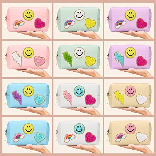 Sanwuta 12 Pcs Christmas Preppy Patch Makeup Bag Chenille Letters Cosmetic Bag PU Leather Preppy Organizer Small Smile Heart Toiletry Pouch Portable Waterproof Storage Purse Pouch for Women Adults