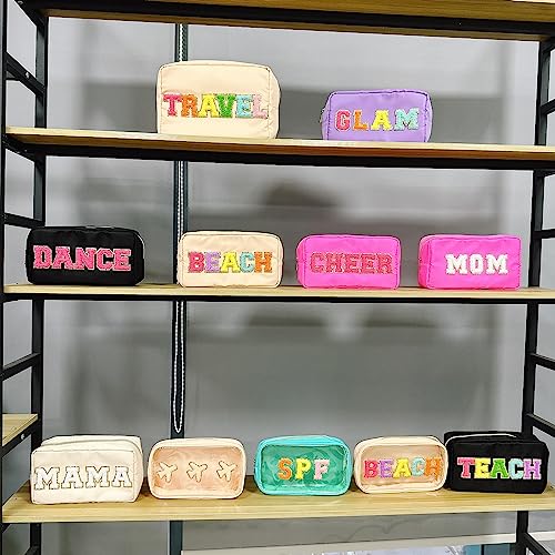 Teacher Appreciation Gifts Letter Patch Nylon Makeup Bag Pencil Bag Chenille Varsity Letter Patches Makeup Zipper Pouch Retirement Birthday Teacher Gifts for Women(Teach-black)