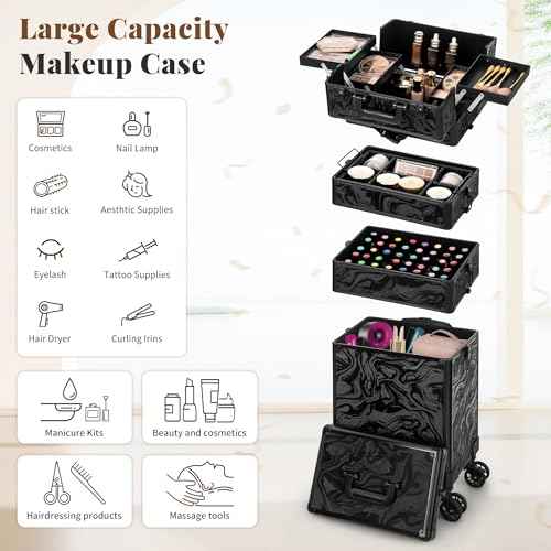 Profesional Rolling Makeup Train Case with Lid, 5 in 1 Cosmetology Case on Wheels, Large Cosmetic Trolley Organizer Travel for Hairstylist Artist Nail Beauty Salon Barber, Black Ink