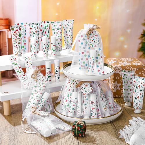 36 Sets/216 Pcs Christmas Party Favors Christmas Hand Cream Body Lotion Lip Balm Nail File Gifts Set Xmas Stocking Stuffers Travel Size Lotion Bulk Holiday Party Supplies for Coworkers Women Adults