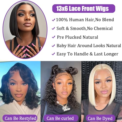 Bob Wig Human Hair 13x6 Hd Transparent Wigs Human Hair Pre Plucked With Baby Hair Glueless Wigs Human Hair 180% Density Straight Frontal Lace Wigs For Women Natural Color 16 Inch