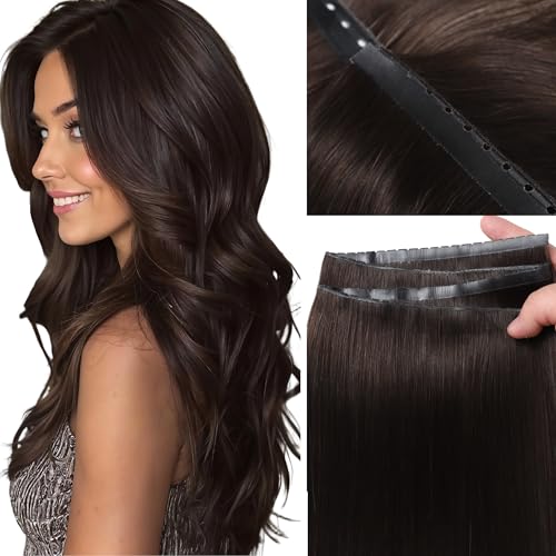 LOXXY Double Weft PU OVO Human Hair Extensions - Genius and PU Invisible Butterfly Weft Hair Extensions Real Human Hair - 16 Inch 100g Darkest Brown, Width 31.5"(80cm)