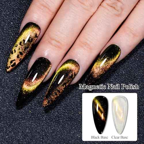MEET ACROSS Magnetic Cat Eye Nail Polish Glitter Yellow Chameleon Nail Polish with 1 Magnet, Quick Dry
