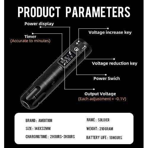 Ambition Soldier Tattoo Kit - Wireless Tattoo Machine Kit Complete Rotary Tattoo Gun with Extra 2400mah Power 120pcs Glory Mixed Size Cartridge Needles for Professional Tattoo Artists