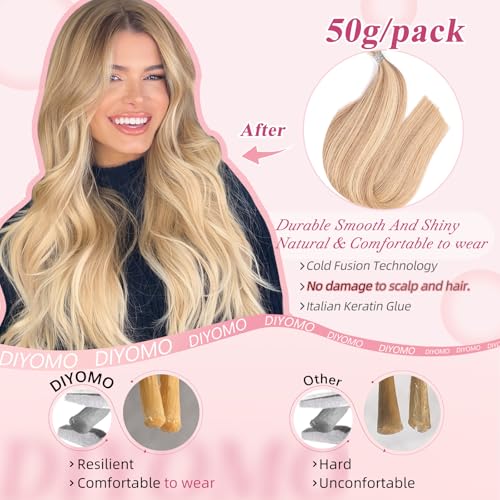 I Tip Hair Extensions - Human Hair,Light Blonde Highlighted Bleach Blonde 24 Inch For Women Soft & Natural Itip Human Hair Extensions 50g 50s