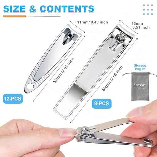 20-Pack Stainless Steel Fingernail & Toenail Nail Clippers Bulk Set - 12 Small + 8 Medium Size with Storage Pouch, Manicure Kit for Men/Women Travel, Gifts, Homeless Care Supplies