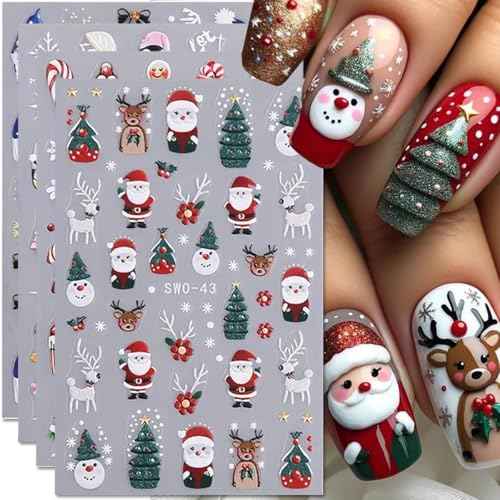 Christmas Nail Stickers for Art Decorations - 4PCS Snowflake, Gingerbread Man, Penguin, Elk, Santa Claus, Xmas Tree Design - Manicure Decals Supplies for Women