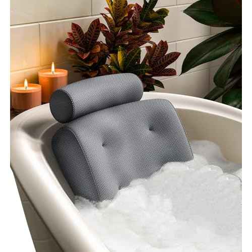 Everlasting Comfort Luxury Bath Pillows for Tub with Head and Neck Support - Non-Slip Bathtub Pillow with Suction Cups, Quick-Drying Mesh & Drying Hook - Jacuzzi & Spa Accessories for Women - Gray