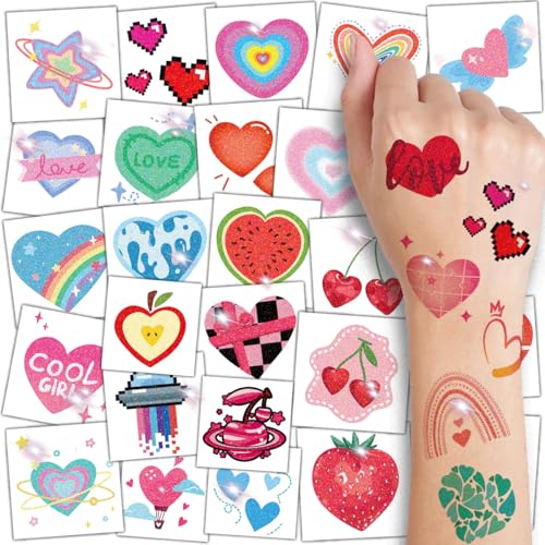 Glitter Heart Temporary Tattoos for Party Decoration - 74 Individually Sheets | Waterproof & Easy Peel | Cute Tattoos Stickers for Girls Women