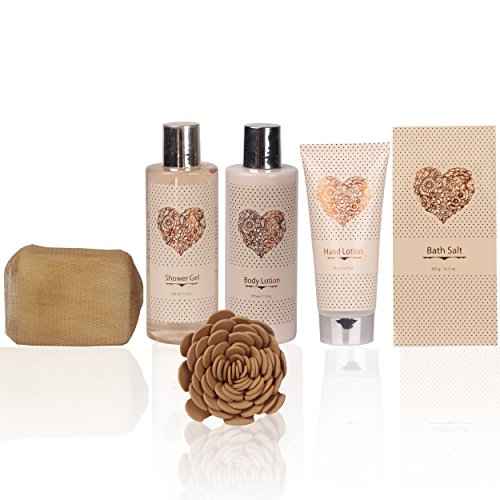 Spa Gift Basket ? Bath and Body Set with Vanilla Fragrance by Lovestee - Gift Basket Includes Shower Gel, Body Lotion, Hand Lotion, Bath Salt, Eva Sponge and a Bath Puff