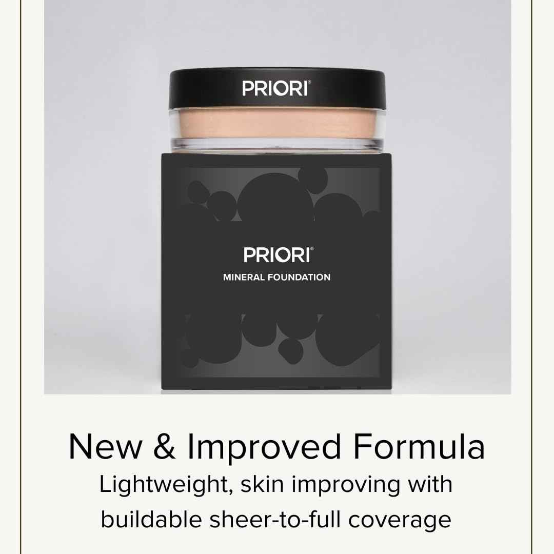 PRIORI Skincare Mineral Foundation, Natural Loose Make Up Powder, Sunscreen Protection, Advanced Skin Correction, Recommended for Sensitive Complexion (Medium 10, 7 Grams)