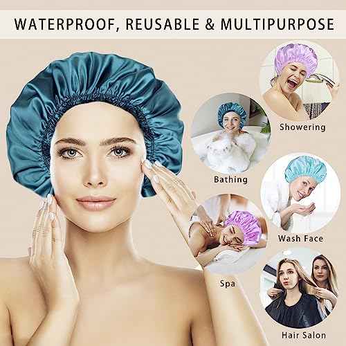 Shower Caps for Women, 4 PCS Elastic and Reusable Bath Caps, Double Waterproof Layers Shower Cap, Bathing Shower Caps, Environmental Protection Hair Bath Hat - Solid Color