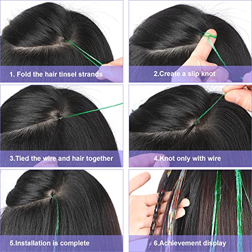 FEBSNOW 47 Inches Tinsel Hair Extension with Tool 3600 Strands 18 Mixed Colors Hair Extension Tinsel Kit Glitter Hair Extensions for Women Girls Hair Accessories for Christmas New Year Cosplay Party