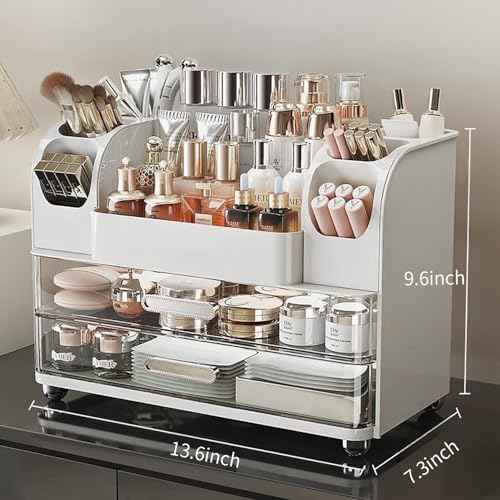 Makeup Organizer with Drawers for Vanity,Bathroom Countertop Organizer with Brushes Holder,Skincare Storage Organizer,Perfect Cosmetic Display Case for Skincare,Lipstick and Beauty Essential (White)